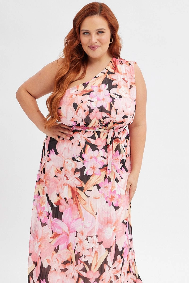 Effortless Elegance Flap-Detail Orange Floral Midi Dress One Shoulder