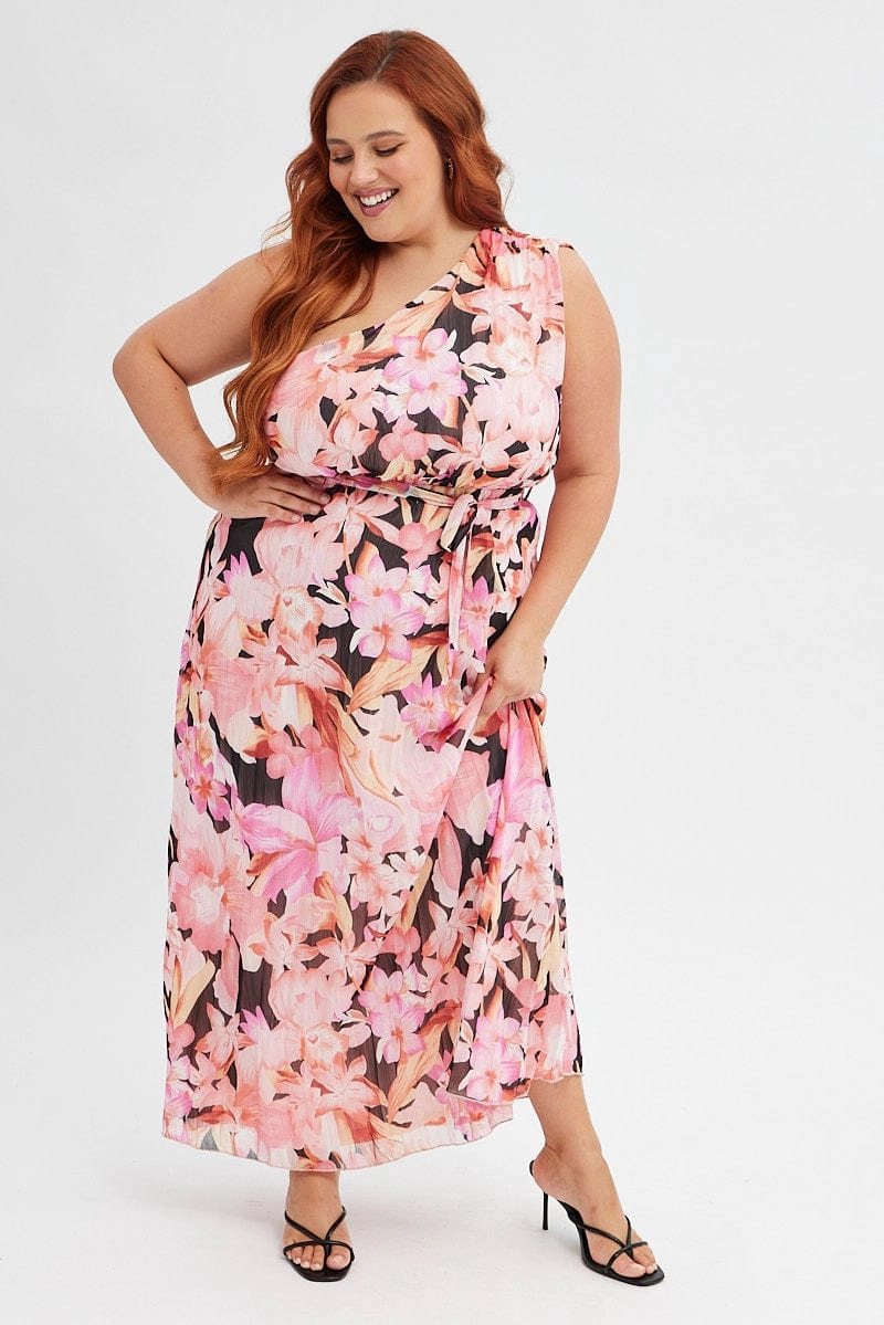 Sharp Design Stretch-Recovery Orange Floral Midi Dress One Shoulder