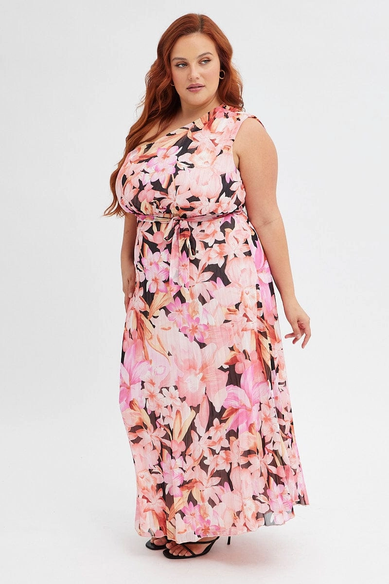 Orange Floral Midi Dress One Shoulder City Friendly Comfortable Waist