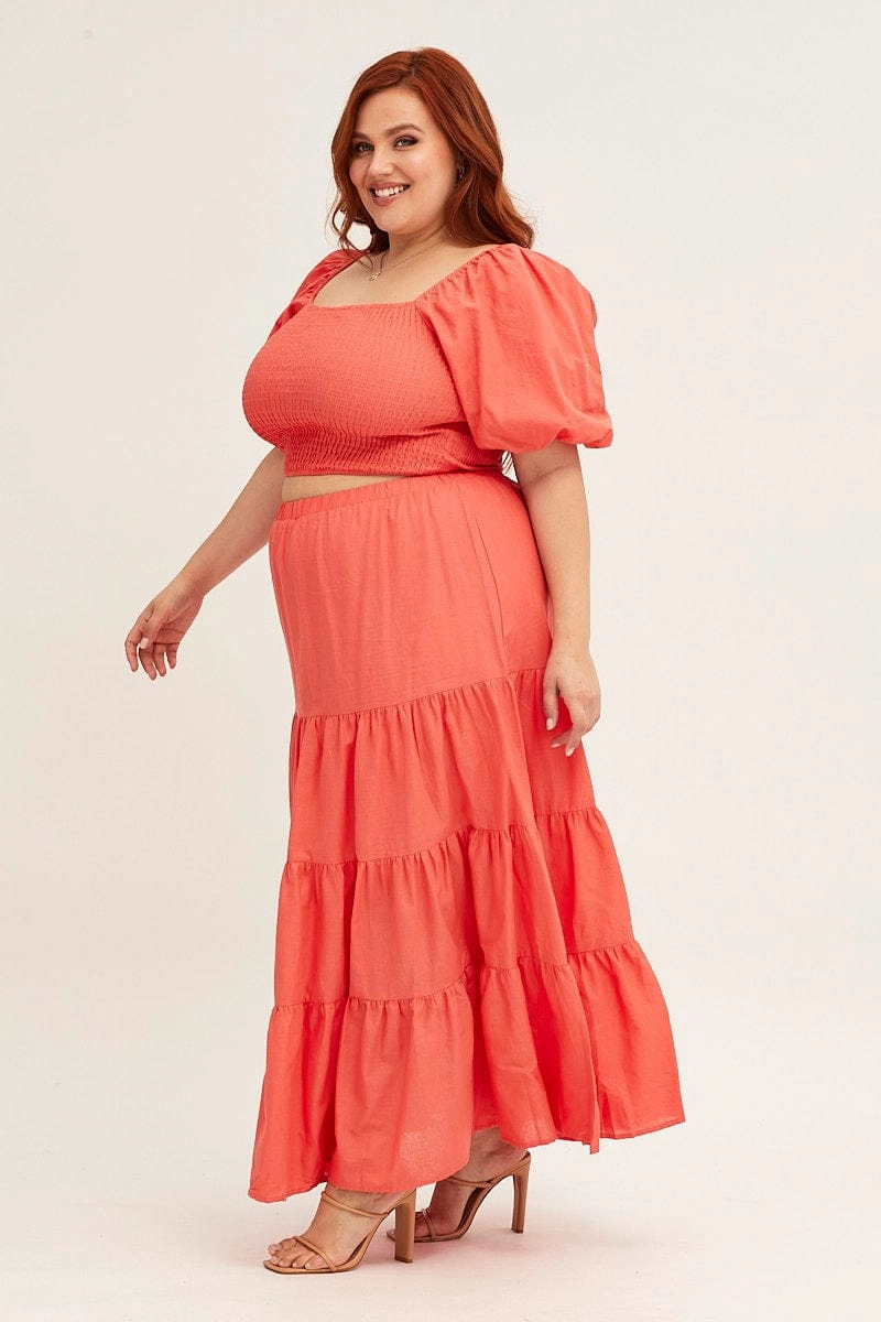 Orange Maxi Skirt High Waist Tiered Erasable Crease
