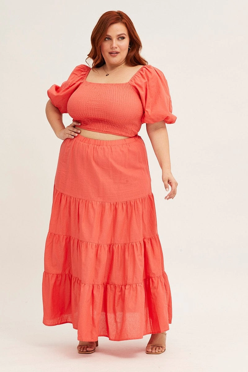 Orange Maxi Skirt High Waist Tiered Influencer Style Layered Structure