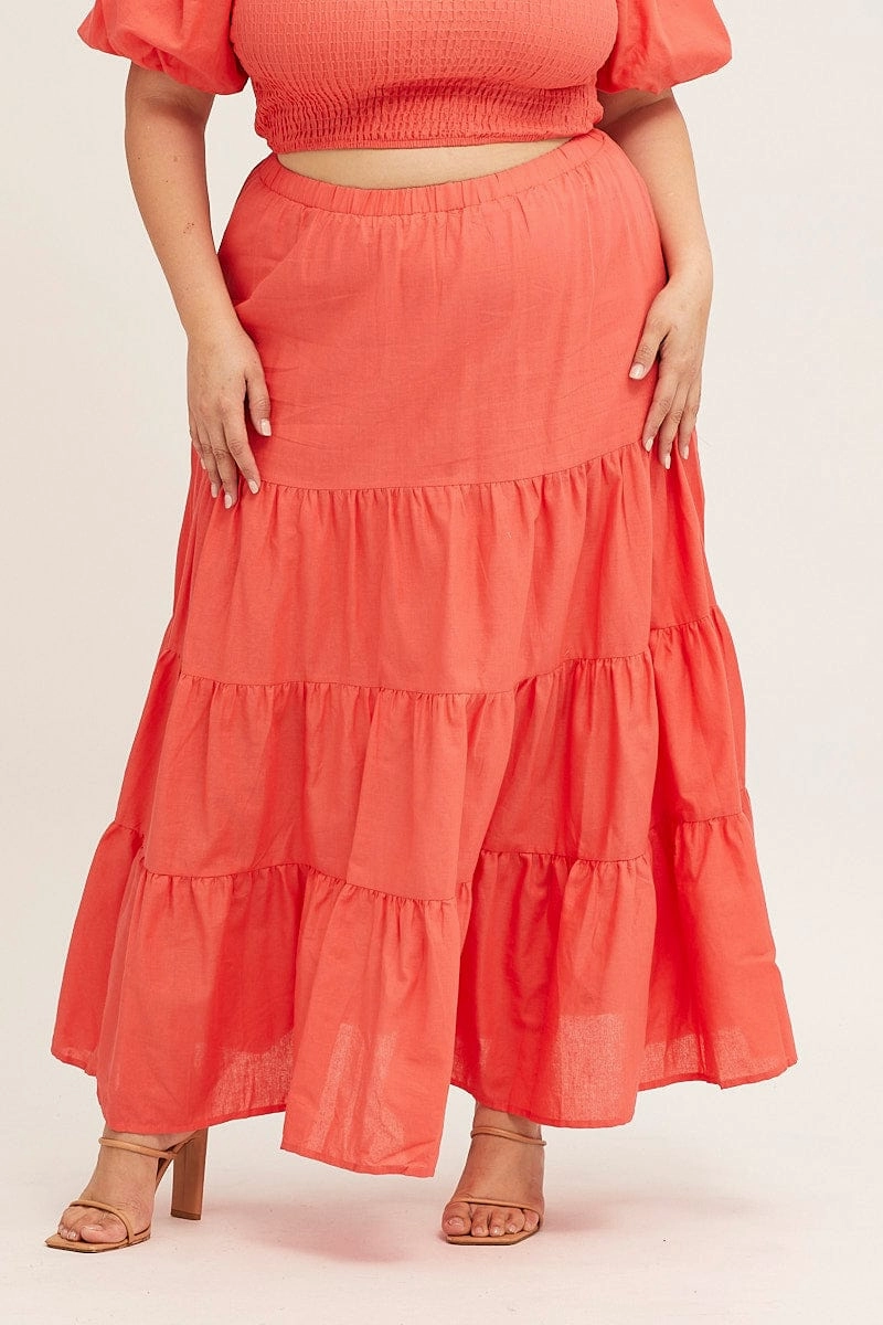 Non Irritating Texture Fast fashion Orange Maxi Skirt High Waist Tiered