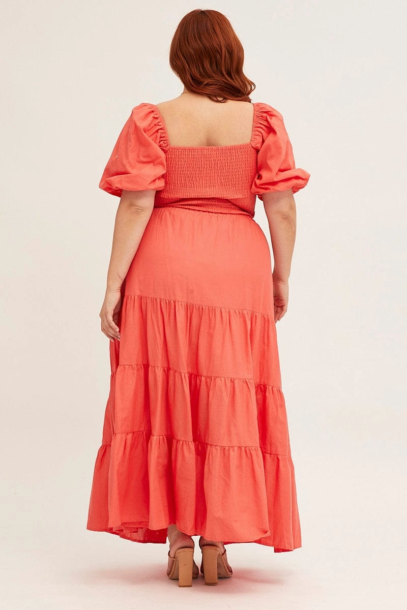 Orange Maxi Skirt High Waist Tiered Light Flow Clean Cut