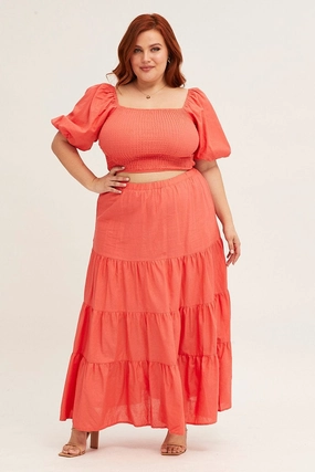 Orange Maxi Skirt High Waist Tiered Celebrity Style Casual Edge