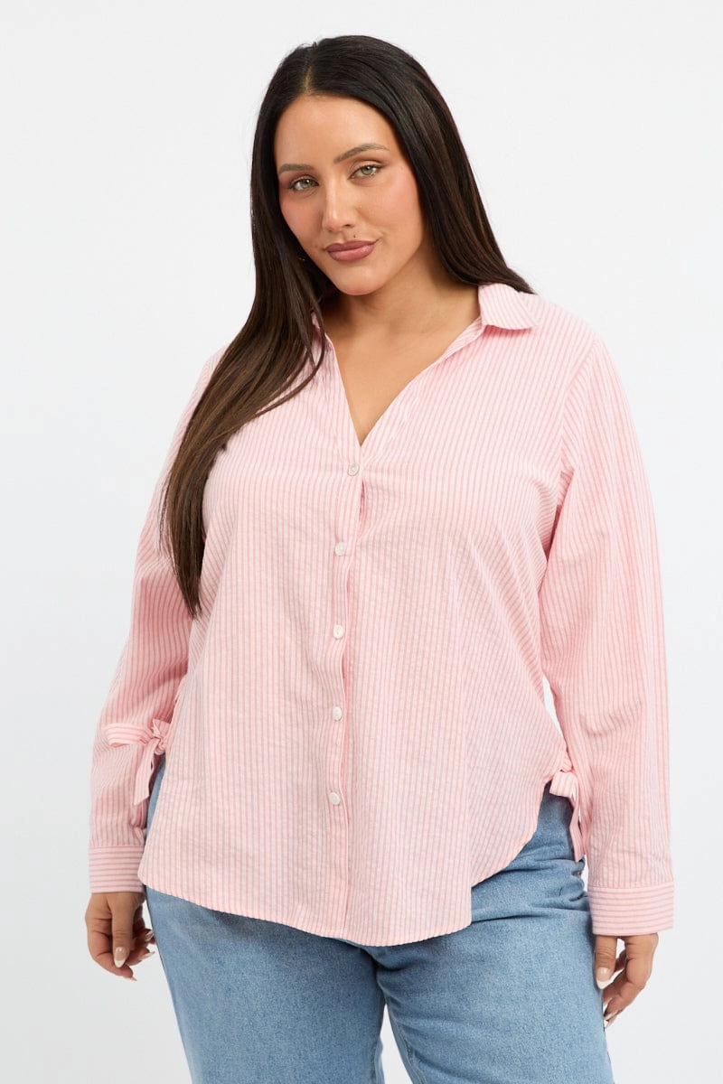 Casual Day Functional Fashion Orange Stripe Relaxed Shirt Long Sleeve Side Ribbon