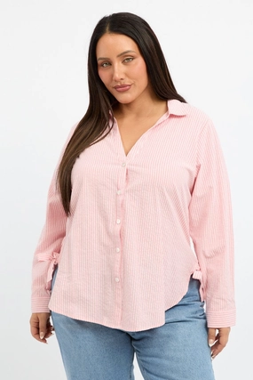 Casual Day Functional Fashion Orange Stripe Relaxed Shirt Long Sleeve Side Ribbon