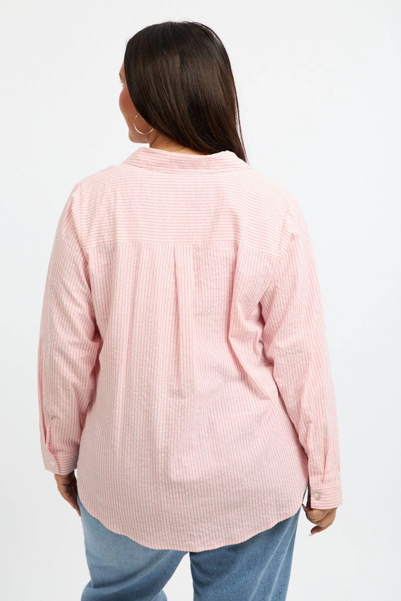 Orange Stripe Relaxed Shirt Long Sleeve Side Ribbon Flexible Shoulder Panels Cuffed hem