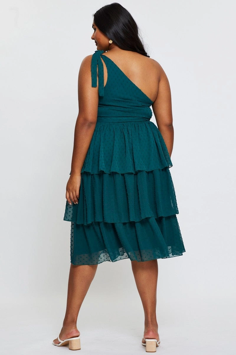 Green Midi Dress One Shoulder Sleeveless Sophisticated Waist Fit Travel Staple