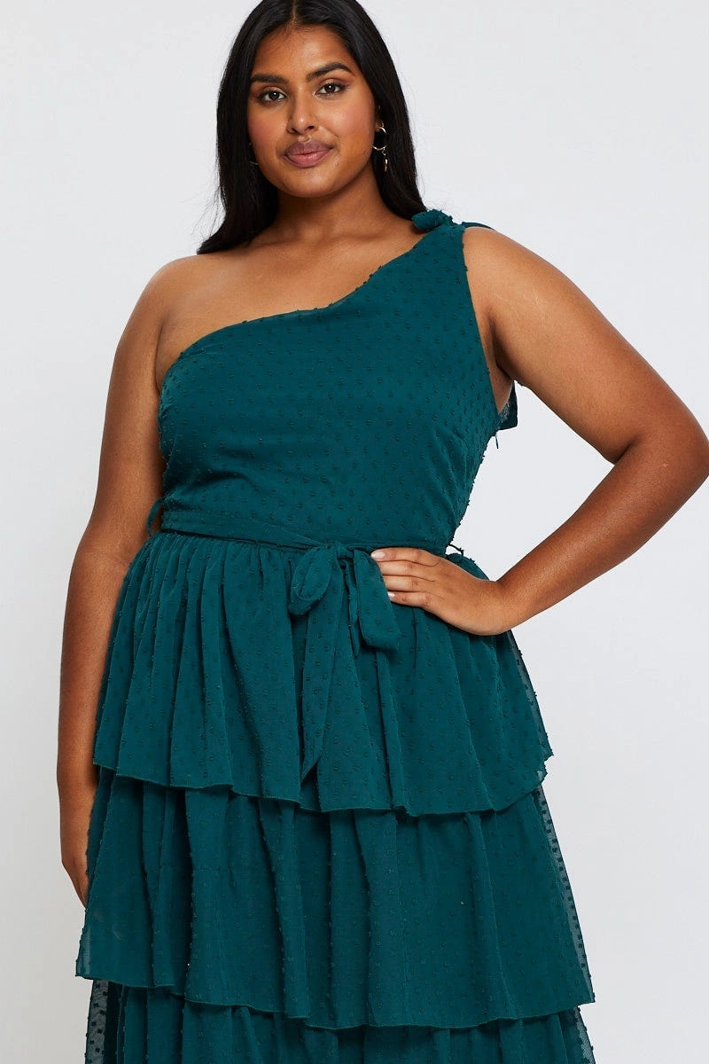 Green Midi Dress One Shoulder Sleeveless Tie-Detail Sophisticated Look