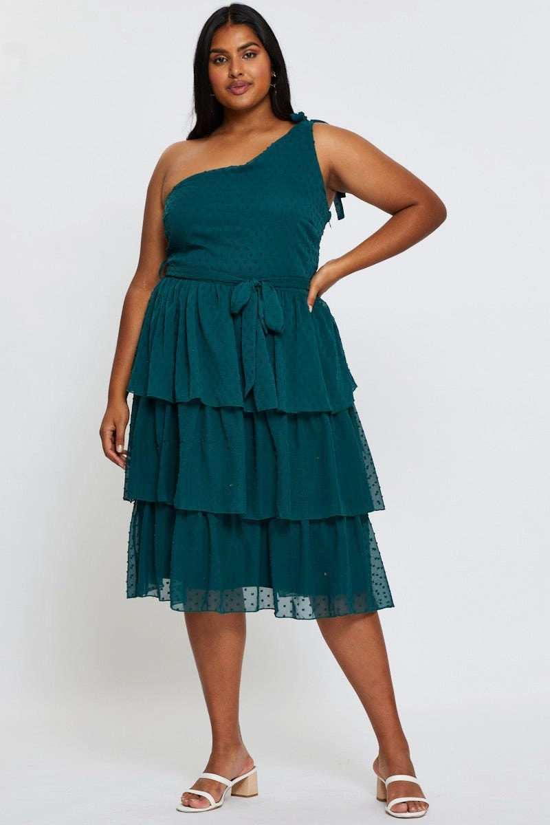 High-Fashion Green Midi Dress One Shoulder Sleeveless