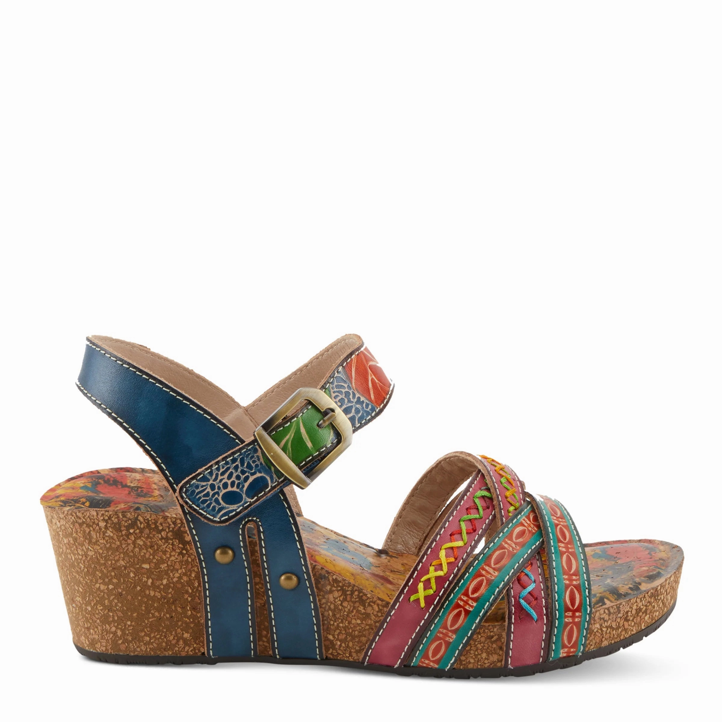 L'artiste by Spring Step Women's Bosquet Wedge Sandals - Navy Multi Slip Resistant Sole Pattern Breathable Lining