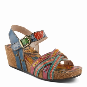 L'artiste by Spring Step Women's Bosquet Wedge Sandals - Navy Multi Classic Choice Wide Strap