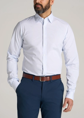 Interlock Stitch Detail Button Down Collar Oskar Button-Up Dress Shirt for Tall Men in Blue Mini Stripe