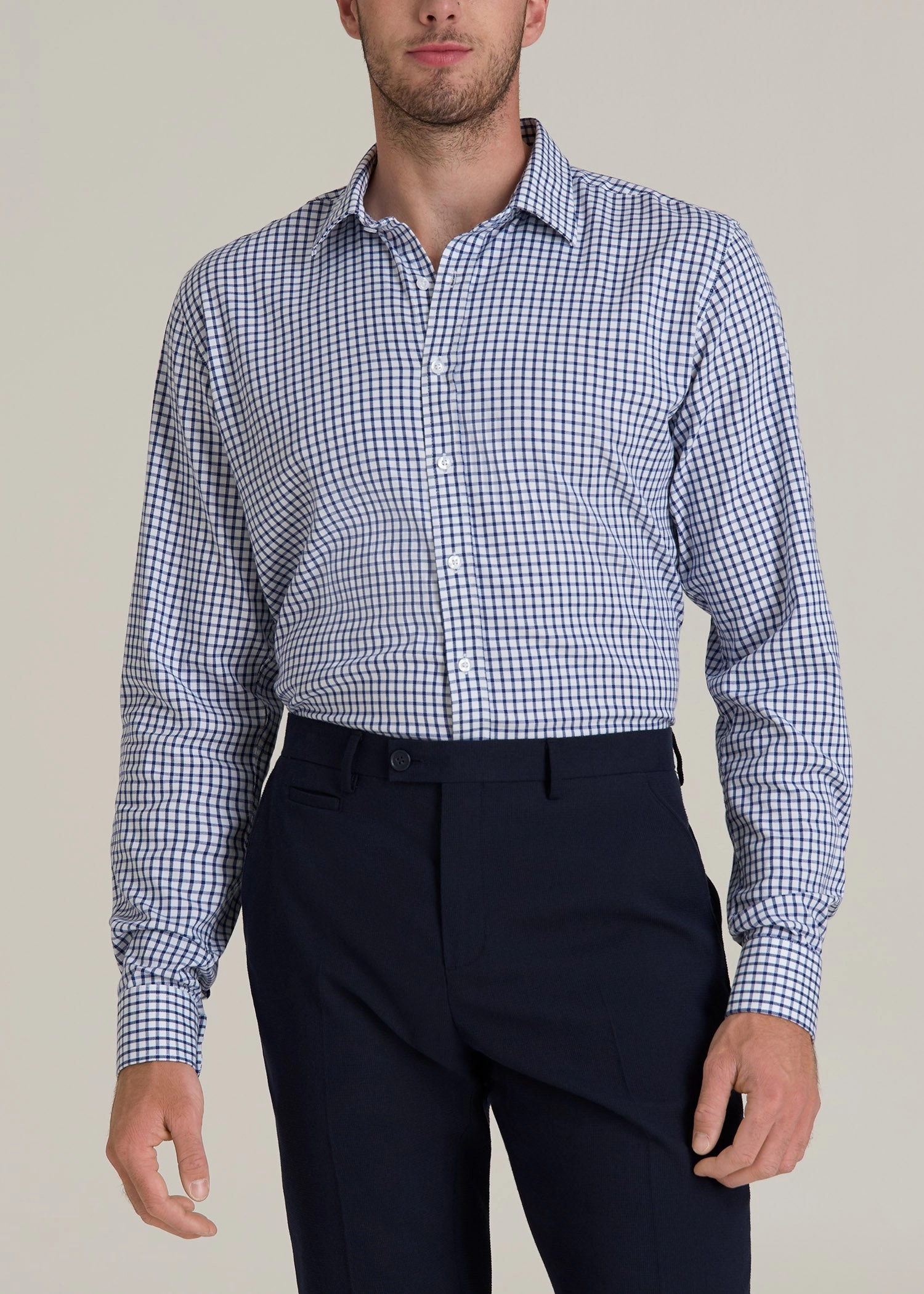Oskar Button-Up Dress Shirt for Tall Men in Bright Blue Grid Reinforced Neckline Detail