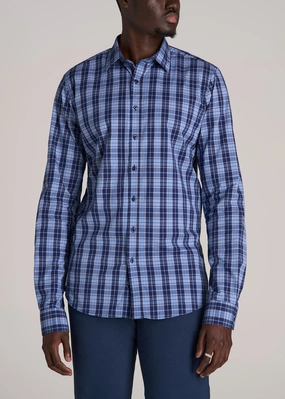 TwillWeave Oskar Button-Up Dress Shirt for Tall Men in Navy Blue Plaid