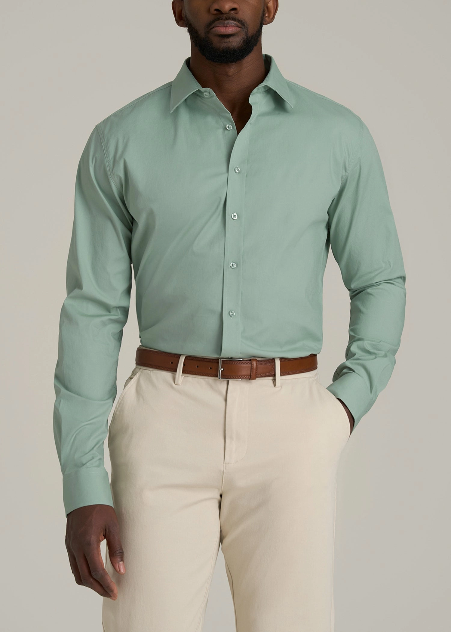 Ribbed Neckline Oskar Button-Up Dress Shirt for Tall Men in Seagrass