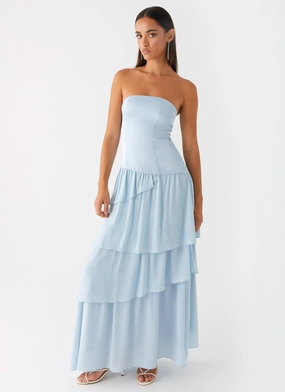 Our Story Maxi Dress - Pastel Blue Gloss Finish Applique-Detail