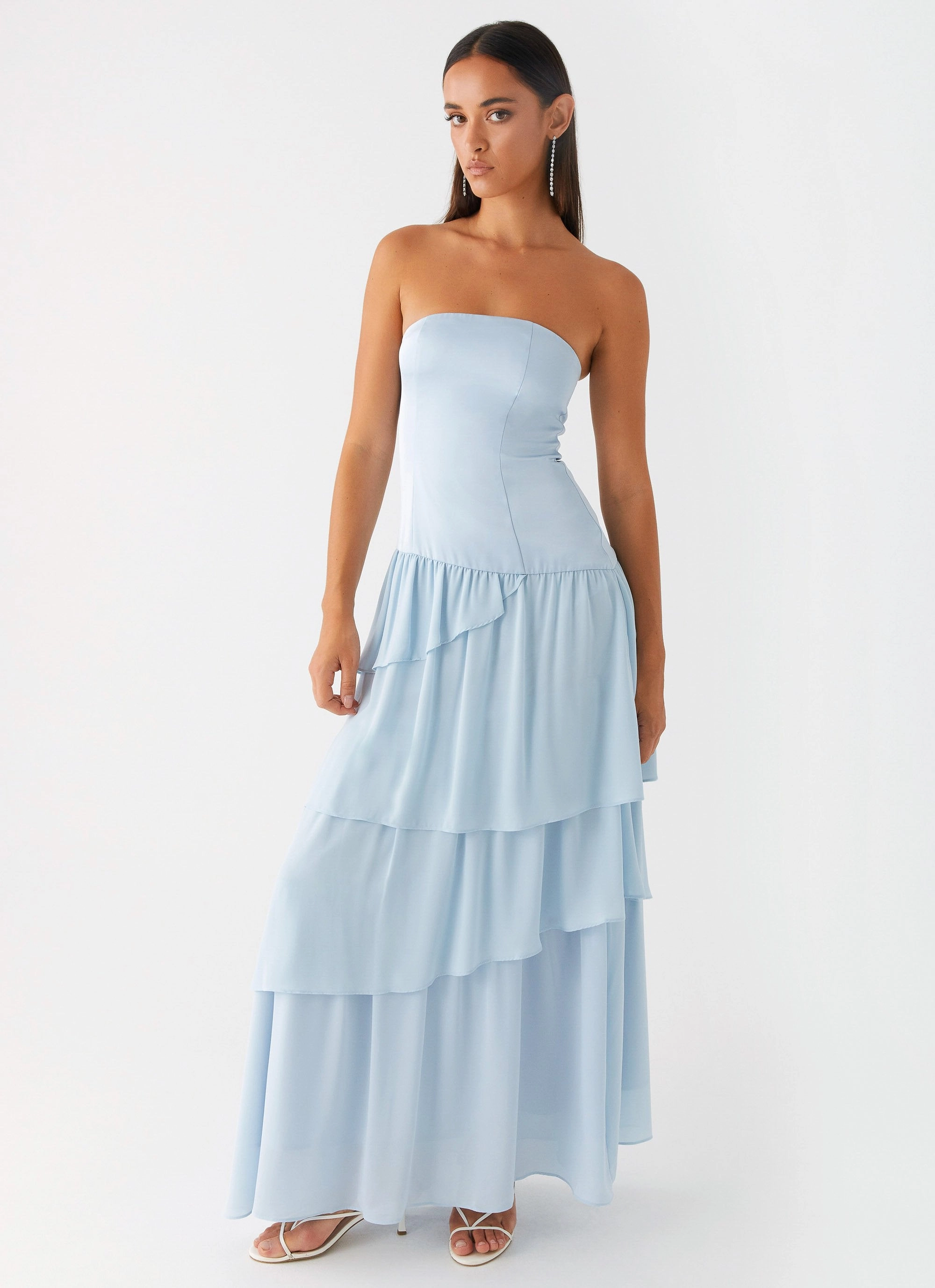 Our Story Maxi Dress - Pastel Blue Gloss Finish Applique-Detail