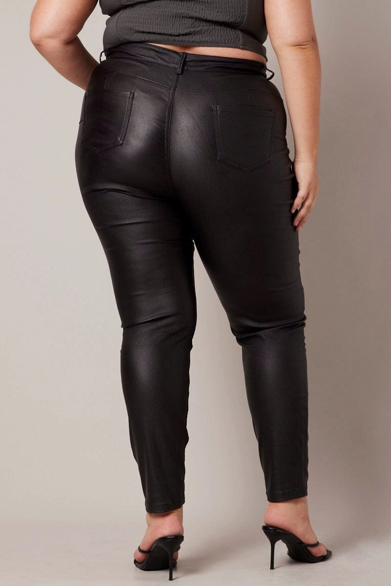 Adjustable drawstring Snag Proof Surface Black Wet Look Jeans High Rise Coated Stretch Denim
