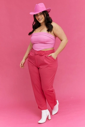 Elastic Fit H Pink Slim Leg Pants High Rise Belted