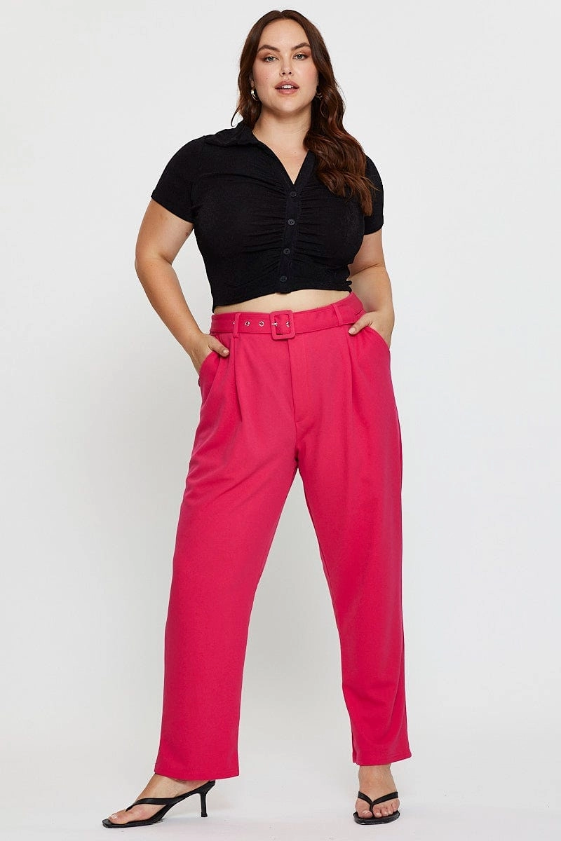 Outfit Staple Soft Brushed Lining H Pink Slim Leg Pants High Rise Belted