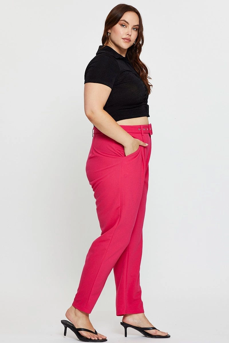Chilly Weather Comfort Tight Fit H Pink Slim Leg Pants High Rise Belted
