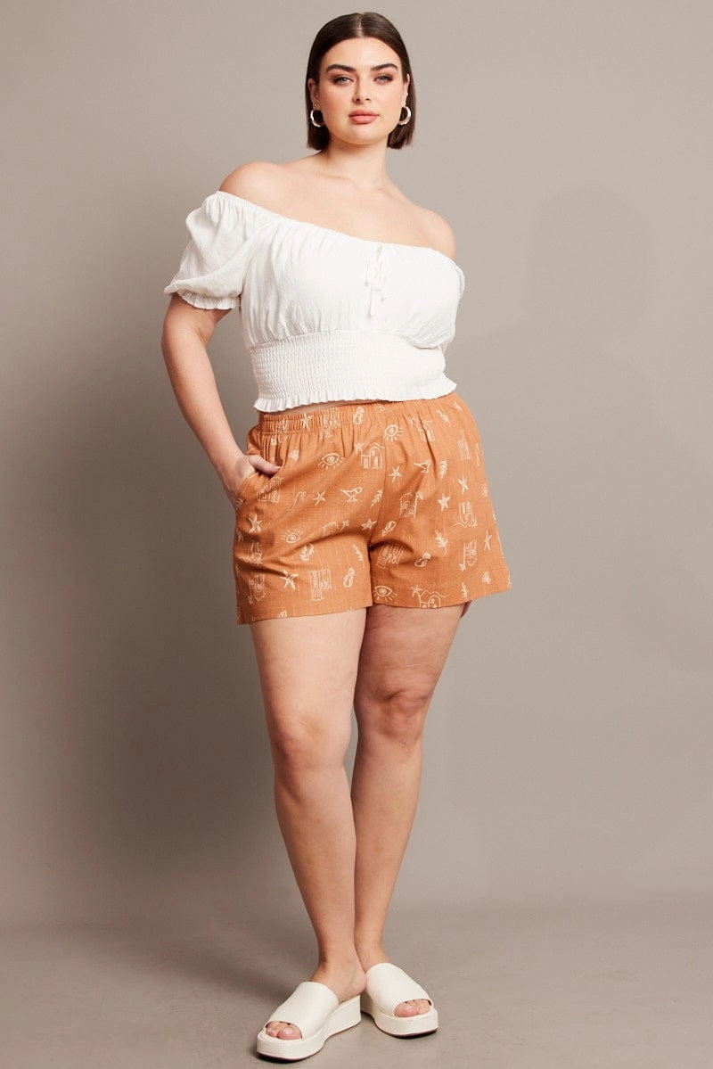 Summer Mood Brown Abstract Relaxed Shorts High Rise