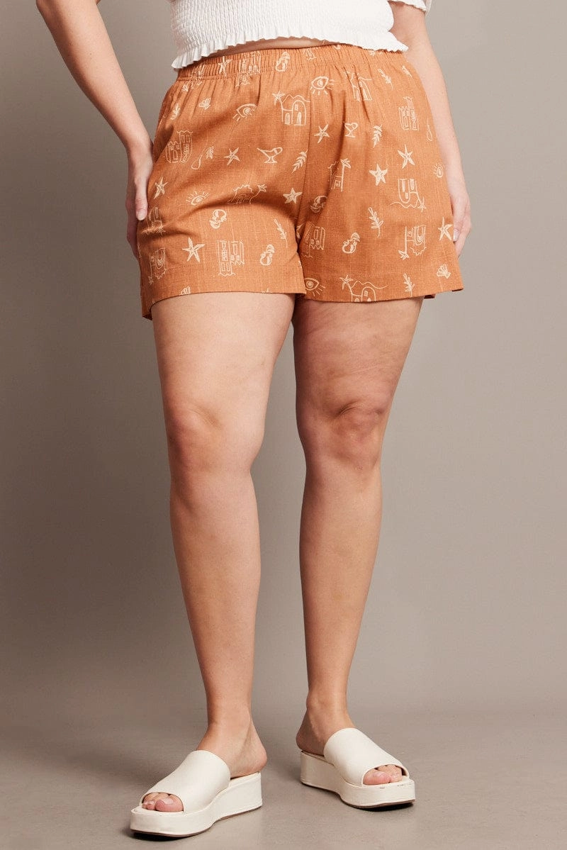 Brown Abstract Relaxed Shorts High Rise Breeze Stretch All Day Flex Fit