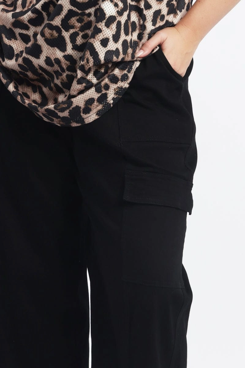 Black Stretch Cotton Elastic Waist Cargo Pants Anti Pilling Fabric