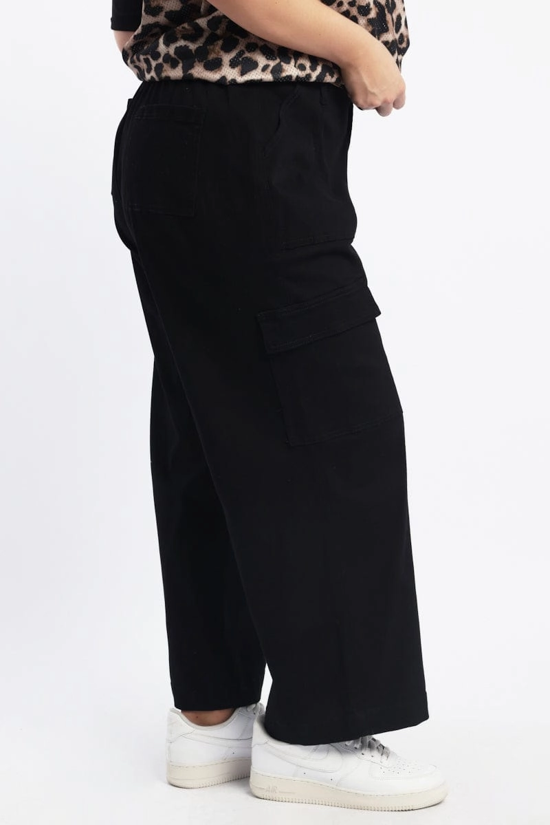 Flexible Layer Fit Black Stretch Cotton Elastic Waist Cargo Pants