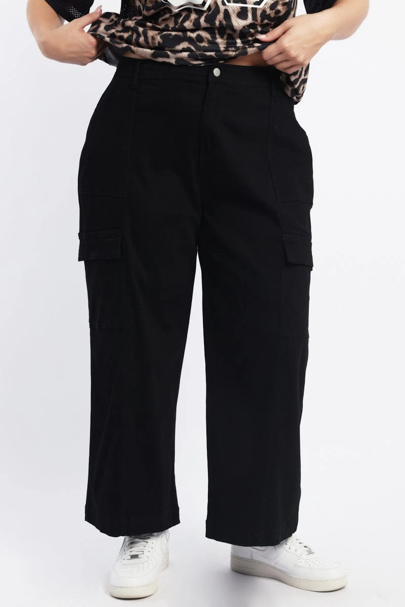 Convertible legs Trendy Design Black Stretch Cotton Elastic Waist Cargo Pants