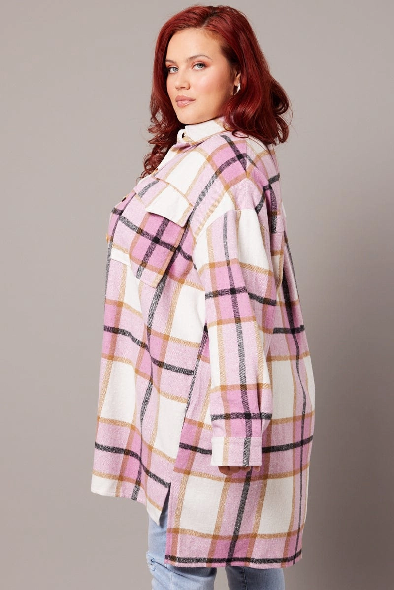 Pink Check Longline Check Shacket NonChafing Seam Placement Four Way Stretch
