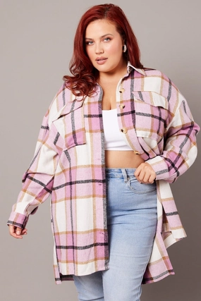 Lined Pockets Pink Check Longline Check Shacket