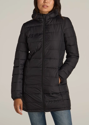 Packable Puffer Jacket for Tall Women in Black Reinforced Seam Durability