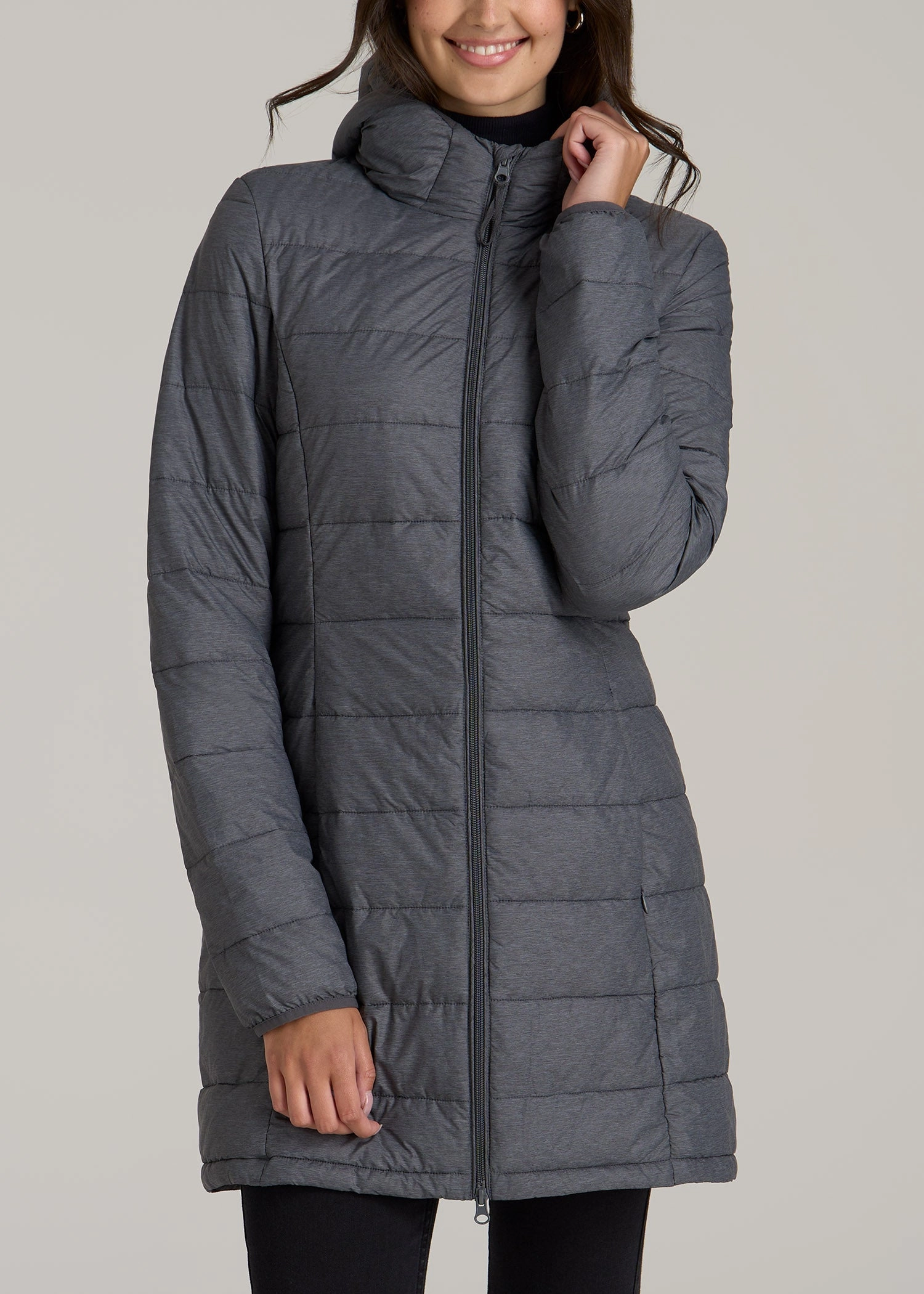 Solid Color Removable Hood Packable Puffer Jacket for Tall Women in Charcoal Space Dye