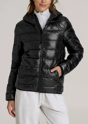 Roll Up Hood Stowable Hood Packable Short Puffer Jacket for Tall Women in Glossy Black