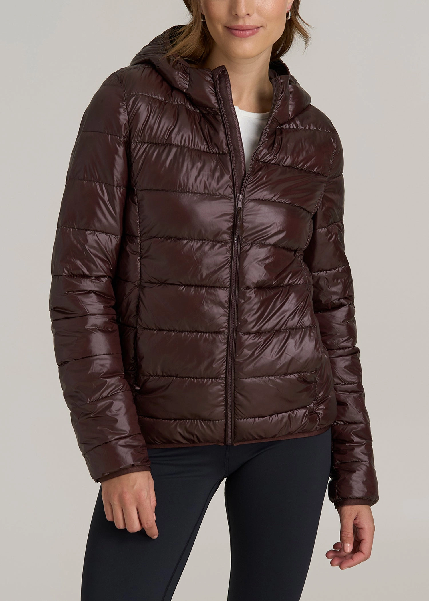 Packable Short Puffer Jacket for Tall Women in Oxblood Fashion Trend Frictionless Zipper Tracks