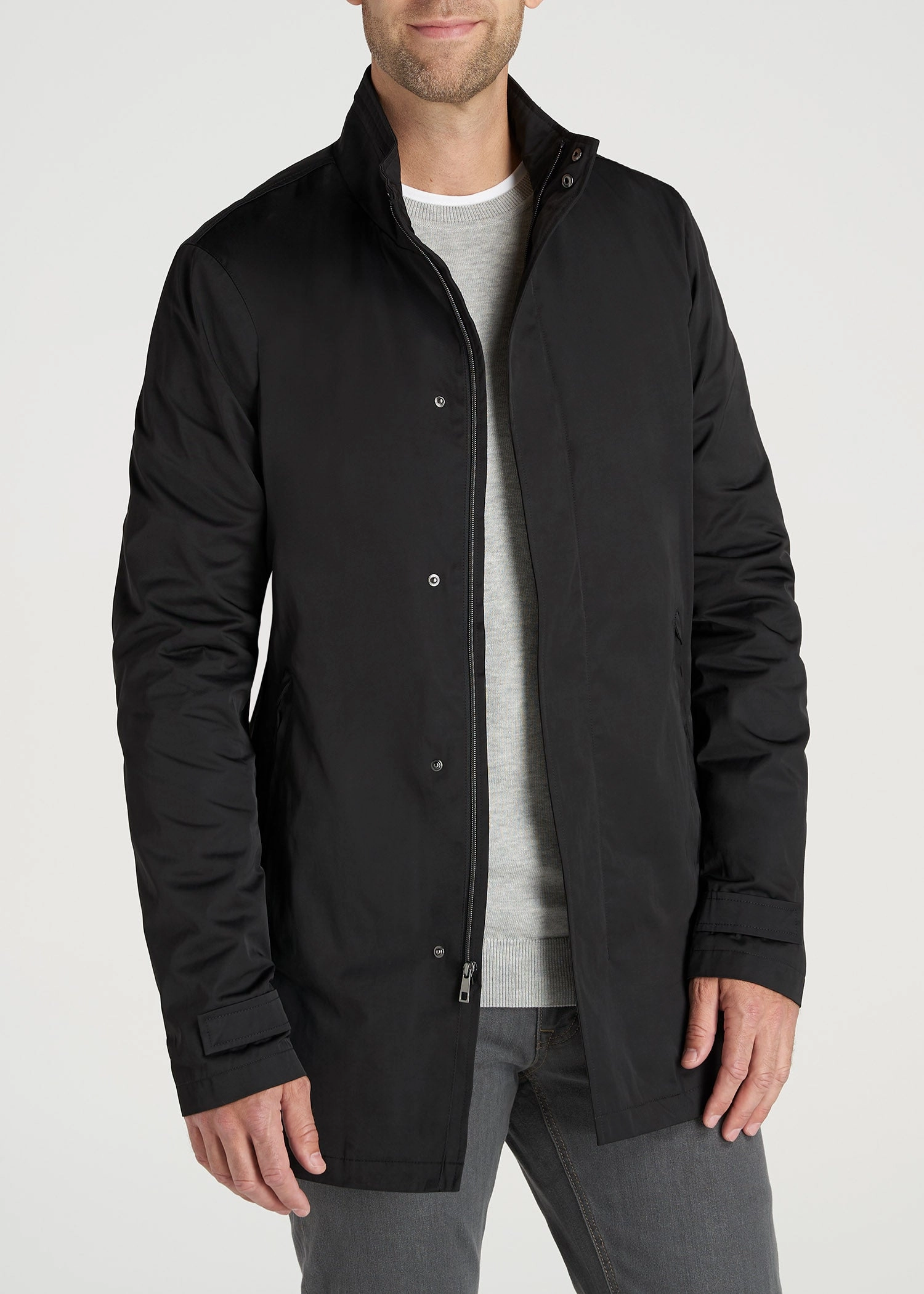 Transitional City Fit Stretch Panels Zip Trench Coat for Tall Men in Black