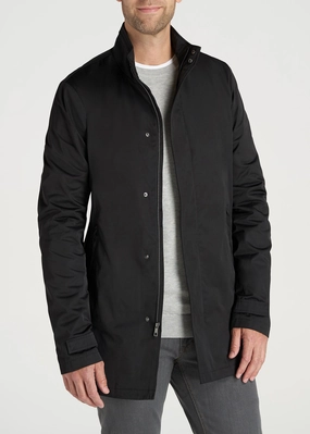 Transitional City Fit Stretch Panels Zip Trench Coat for Tall Men in Black