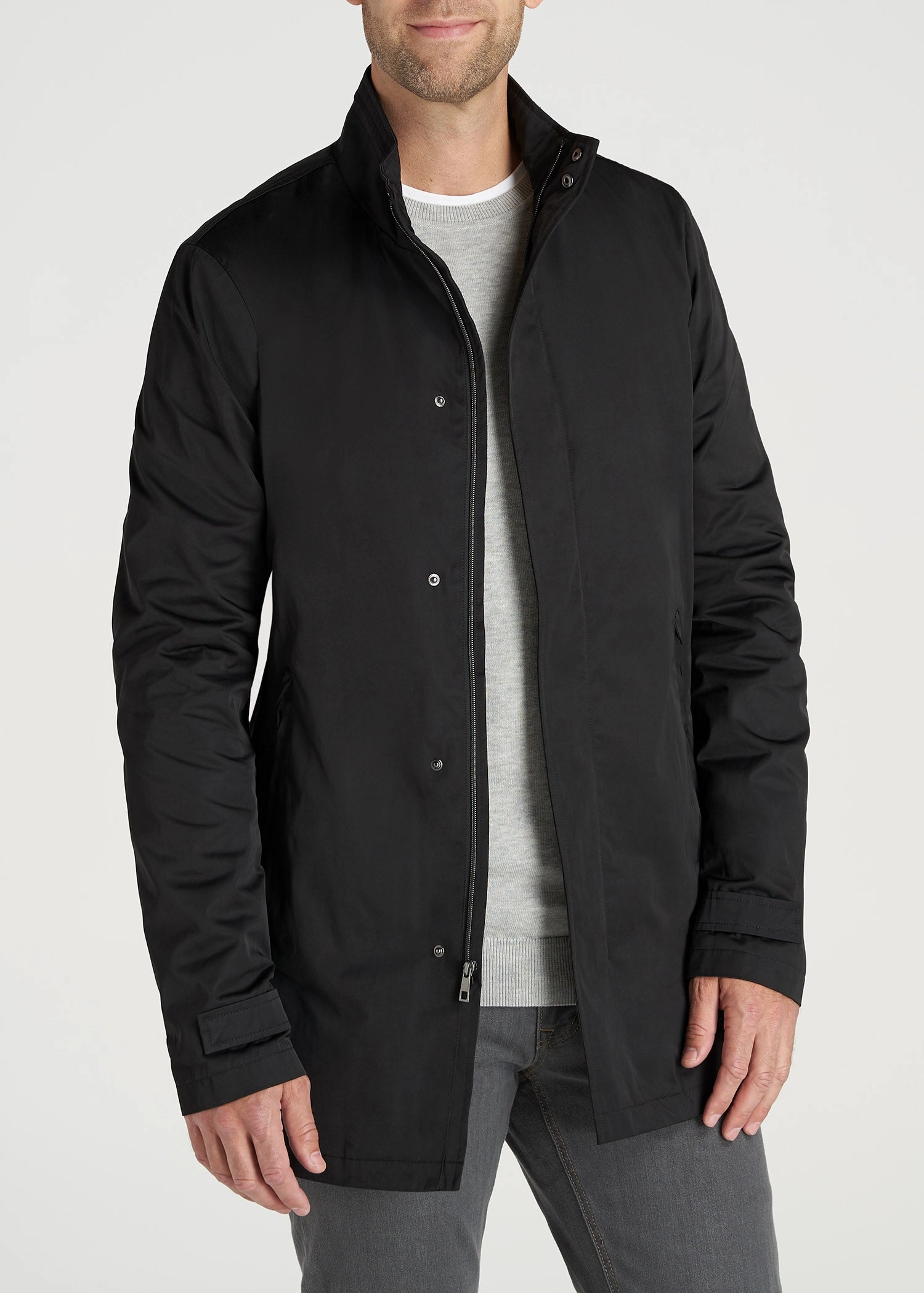 Wind Resistant Coating Waterproof Zipper Zip Trench Coat for Tall Men in Black
