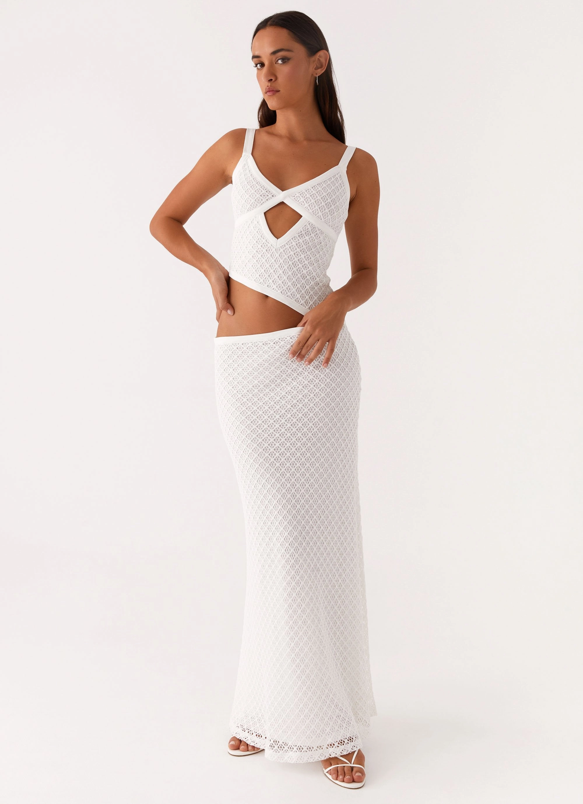 Jocelyn Maxi Dress - White Crochet Sleek Waist Design Fit Modern Layering