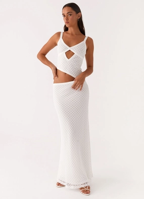 Jocelyn Maxi Dress - White Crochet Sleek Waist Design Fit Modern Layering
