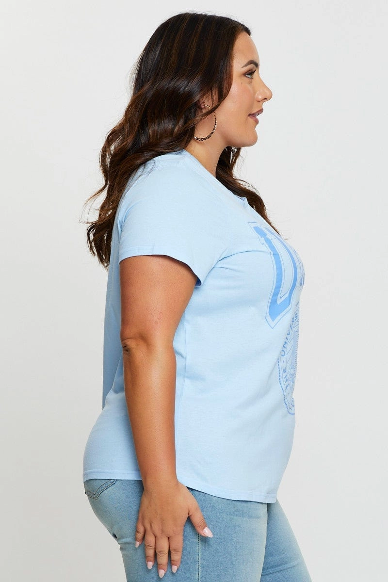 Pale Blue Graphic T-shirt Collegiate Short Sleeve Cotton Fashionable Fit StretchReinforcedArmholes