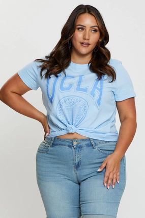 Urban Trend Pale Blue Graphic T-shirt Collegiate Short Sleeve Cotton