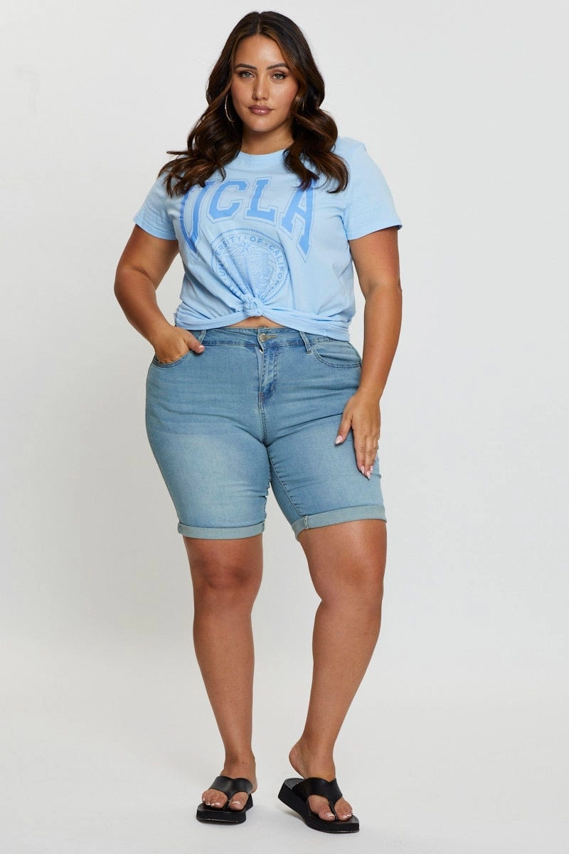 Pale Blue Graphic T-shirt Collegiate Short Sleeve Cotton Holiday Outfit Style