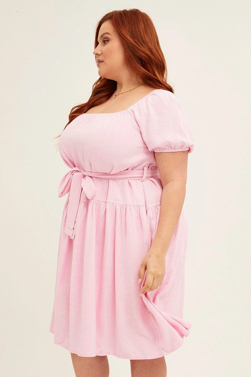 Pale Pink Mini Dress Short Sleeve Scoop Neck Linen Blend Button Accent Crisp Look