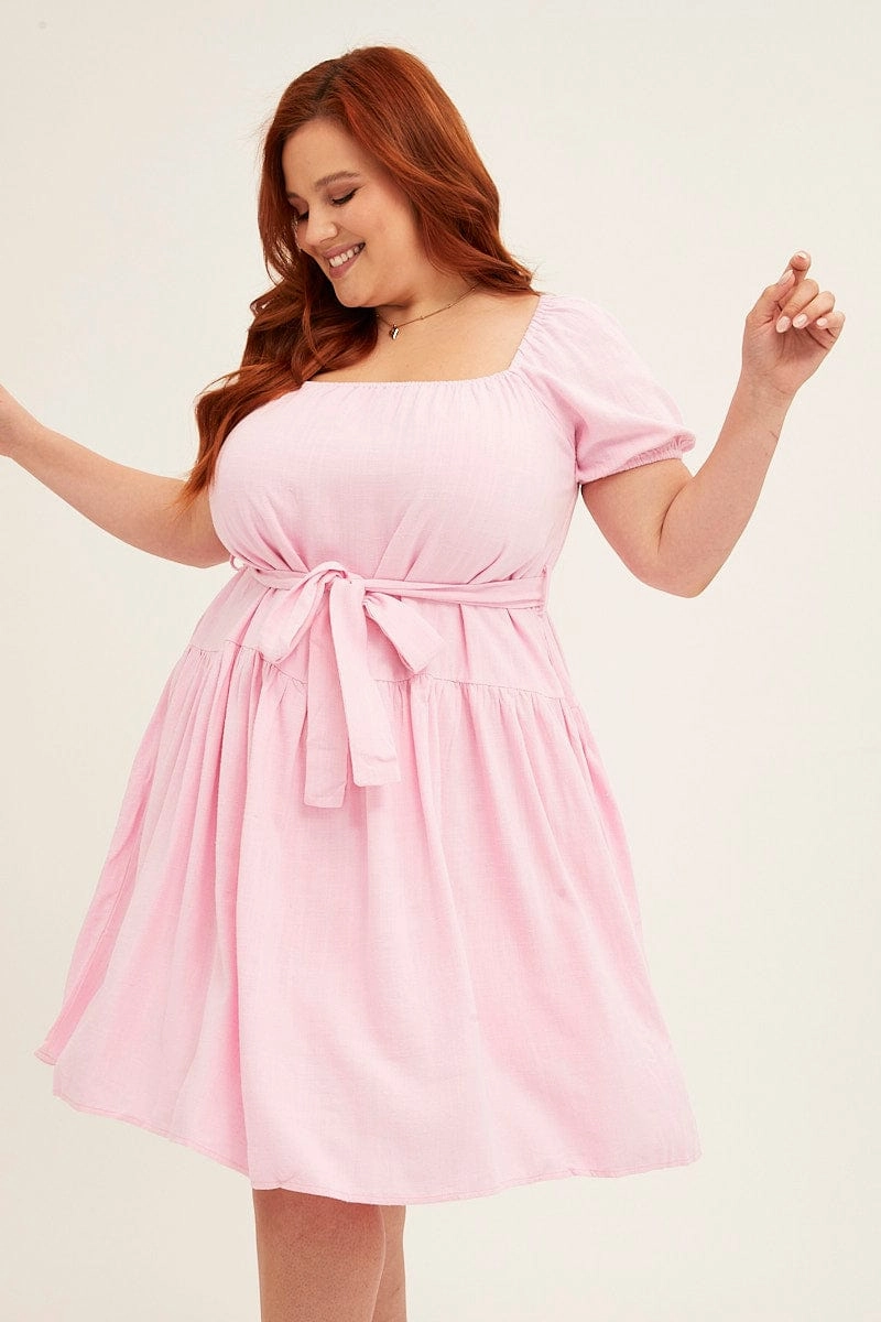 Day Romance Pale Pink Mini Dress Short Sleeve Scoop Neck Linen Blend