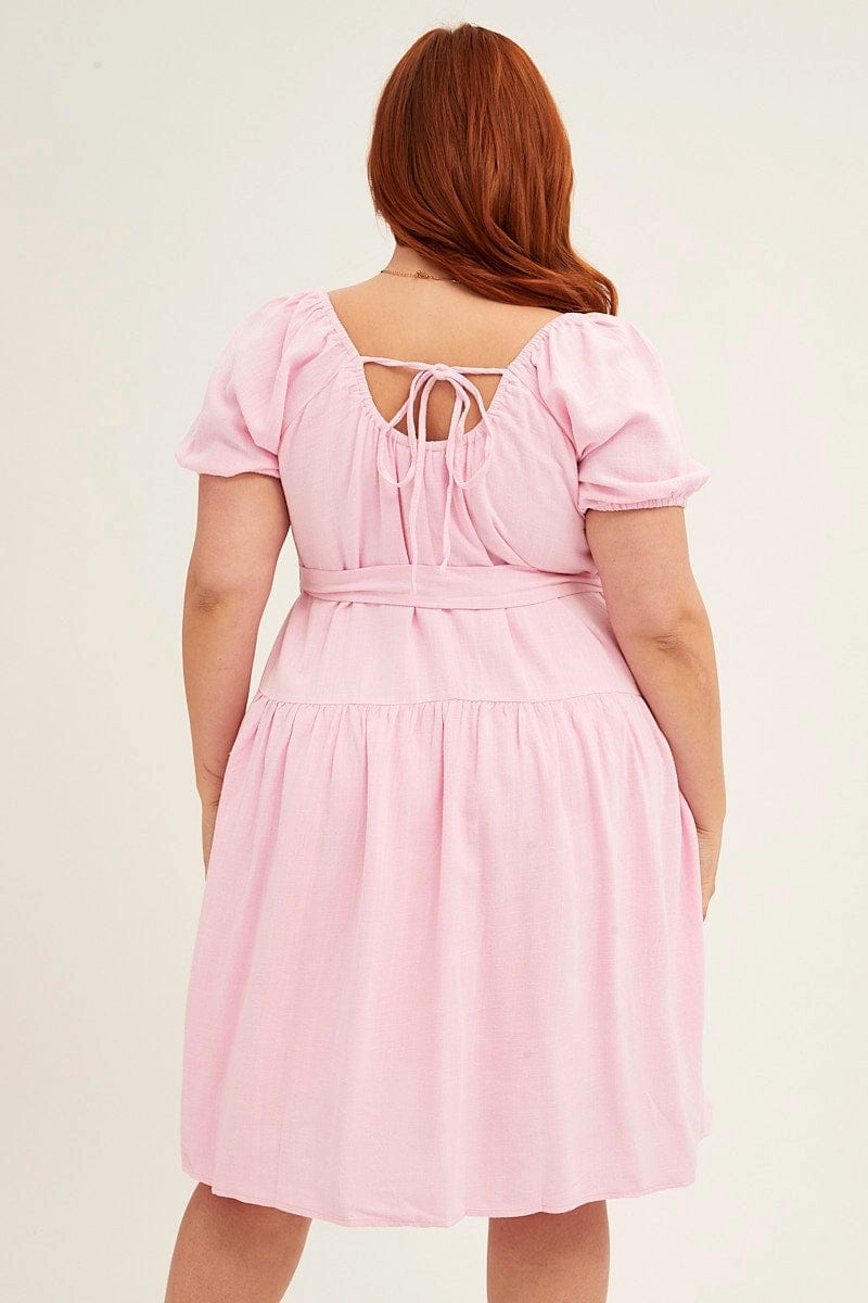Pale Pink Mini Dress Short Sleeve Scoop Neck Linen Blend Elastic-Waist Tiered-Skirt