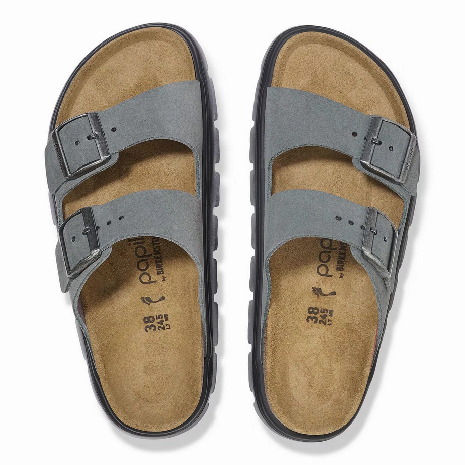 Papillio by Birkenstock Women's Arizona Chunky Sandal - Basalt Grey Suede Compact Fit Strap