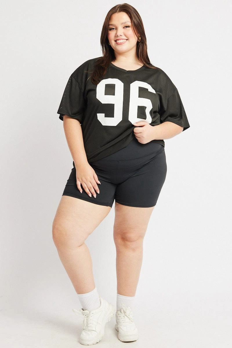 Black Graphic T Shirt Short Sleeve V Neck Active Wearable